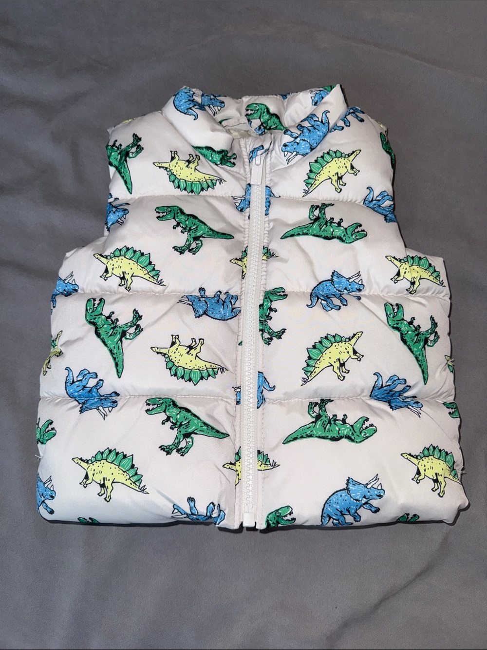 Bundle 3/$16!!Kids White Puffer Vest with Green, Blue & Yellow Dinosaur Print